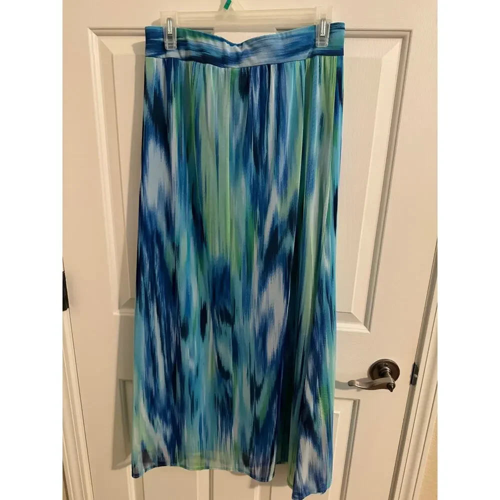 Chico's Watercolor Print Maria lined mesh Maxi Skirt Blue Green Size Small